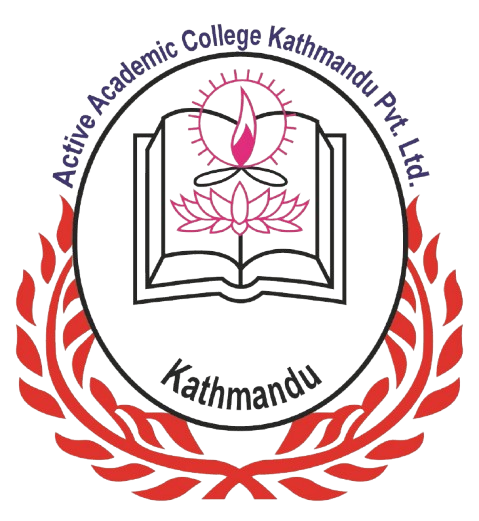 Active Academic College logo, circular blue and gold emblem with open book and Sanskrit text, representing education and tradition, on a white background